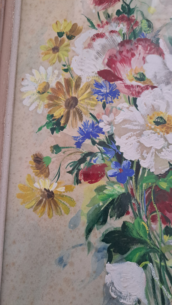 Tableau huile sur papier bouquet de fleurs signature à voir 20ème siècle