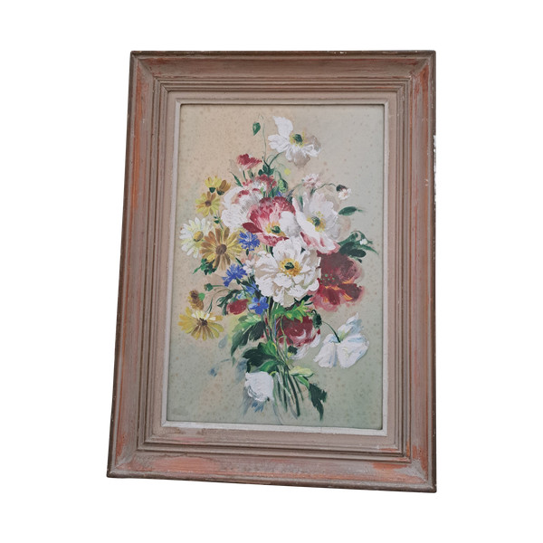 Tableau huile sur papier bouquet de fleurs signature à voir 20ème siècle
