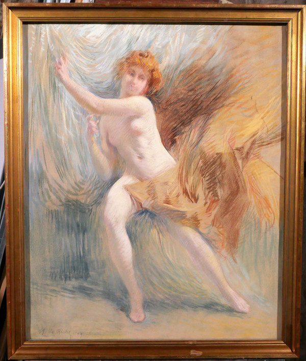 Henri Le Riche, Nude woman, pastel, Art Nouveau drawing impressionism painting