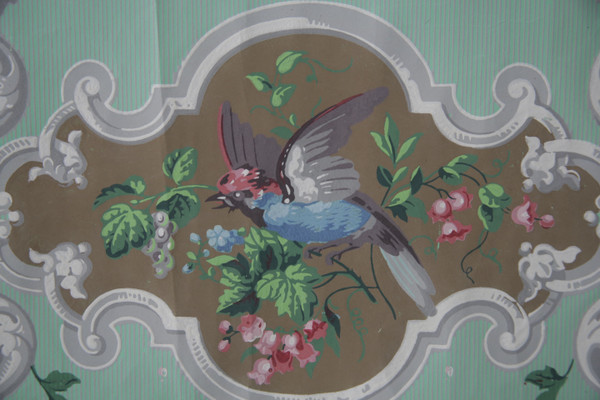 Lé de papier peint oiseaux et fleurs XIXe - « vert fin et gris »