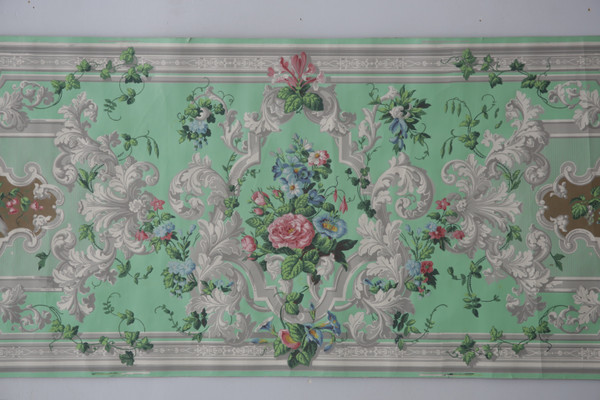 Lé de papier peint oiseaux et fleurs XIXe - « vert fin et gris »