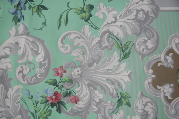 Lé de papier peint oiseaux et fleurs XIXe - « vert fin et gris »