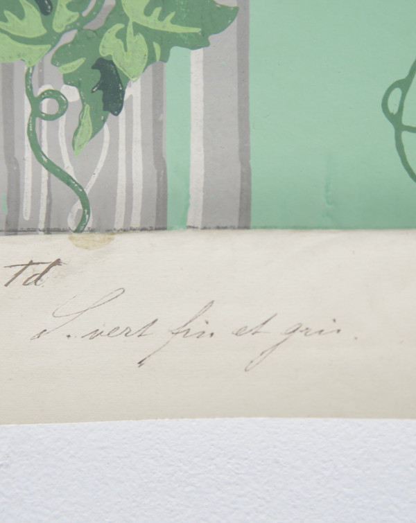 Lé de papier peint oiseaux et fleurs XIXe - « vert fin et gris »