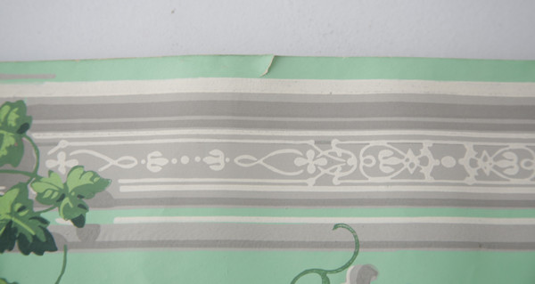 Lé de papier peint oiseaux et fleurs XIXe - « vert fin et gris »