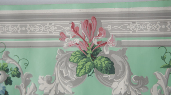 Lé de papier peint oiseaux et fleurs XIXe - « vert fin et gris »