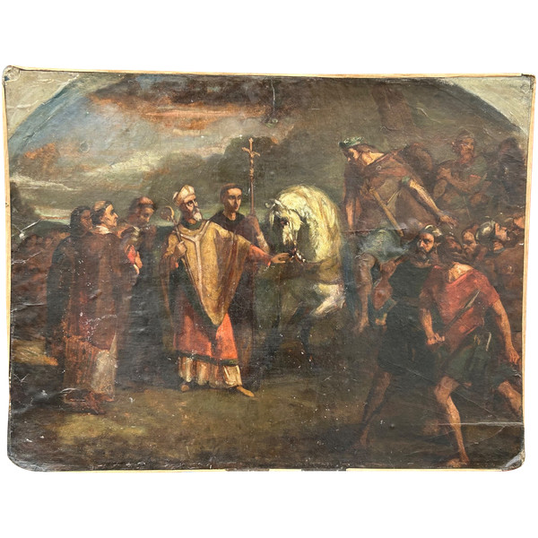 Oil painting on cardboard depicting Pope Leo I asking Attila not to invade Rome in 452