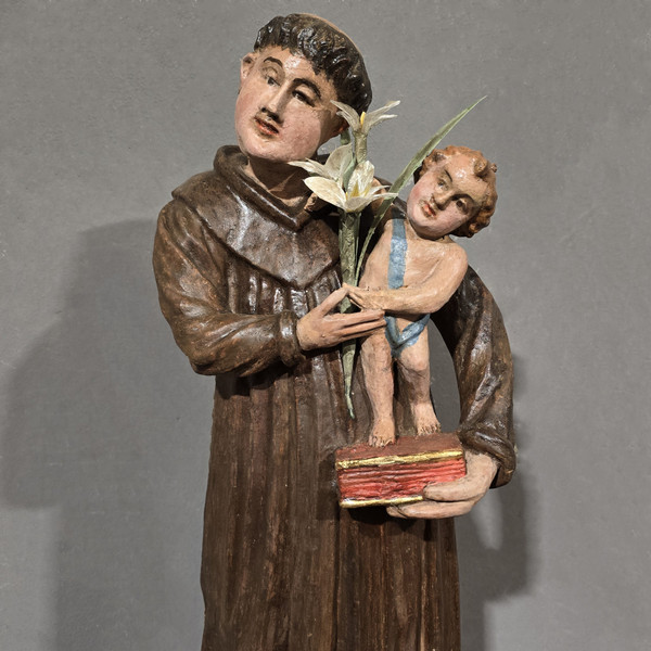 Sculpture ancienne en bois polychrome de Saint Antoine