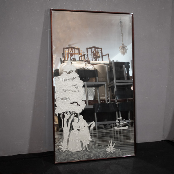 Großer Art-Déco-Wandspiegel mit Holzrahmen