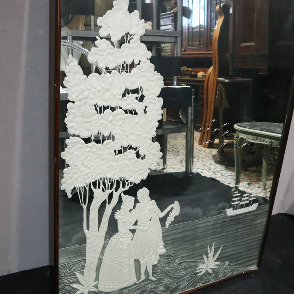 Großer Art-Déco-Wandspiegel mit Holzrahmen