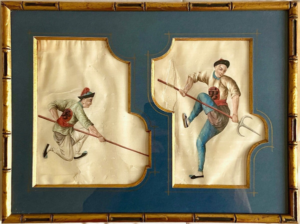 China, Circa 1900, Set Of Two Gouaches On Rice Paper Military Lancers.