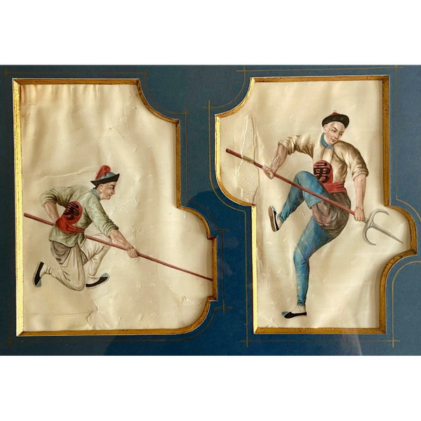 China, Circa 1900, Set Of Two Gouaches On Rice Paper Military Lancers.