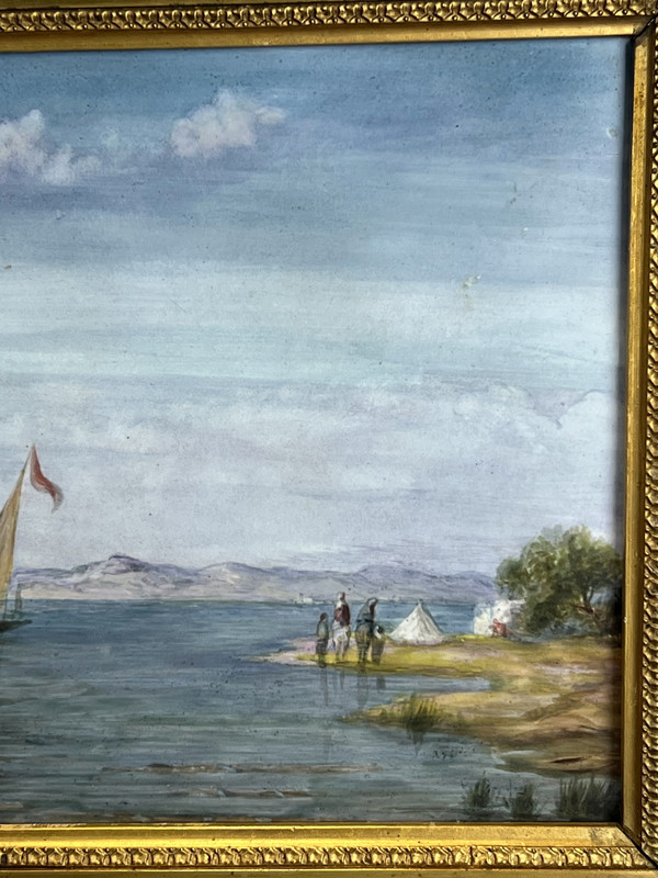QUADRO / DIPINTO SU PIASTRA CERAMICA “SCENA ORIENTALE DEL LAGO” CON CORNICE