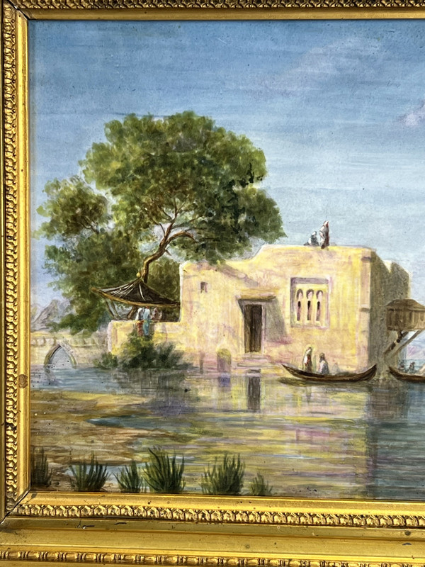 QUADRO / DIPINTO SU PIASTRA CERAMICA “SCENA ORIENTALE DEL LAGO” CON CORNICE