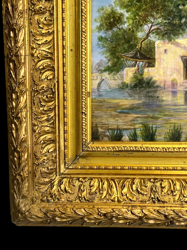 QUADRO / DIPINTO SU PIASTRA CERAMICA “SCENA ORIENTALE DEL LAGO” CON CORNICE