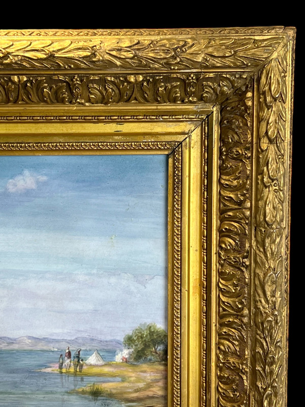 QUADRO / DIPINTO SU PIASTRA CERAMICA “SCENA ORIENTALE DEL LAGO” CON CORNICE