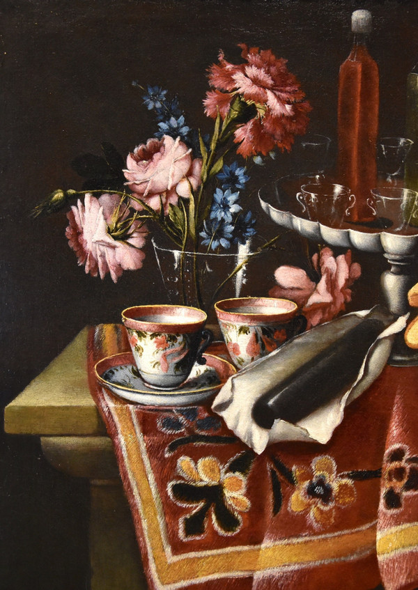Giacomo Nani (Porto Ercole 1698 - Napoli 1770), Natura morta con fiori, alzata con cristalli...