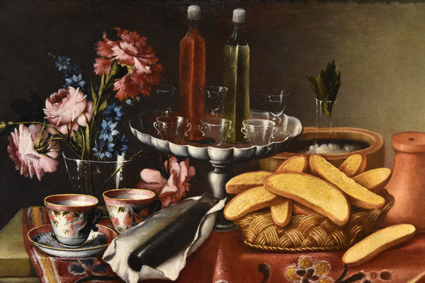 Giacomo Nani (Porto Ercole 1698 - Napoli 1770), Natura morta con fiori, alzata con cristalli...