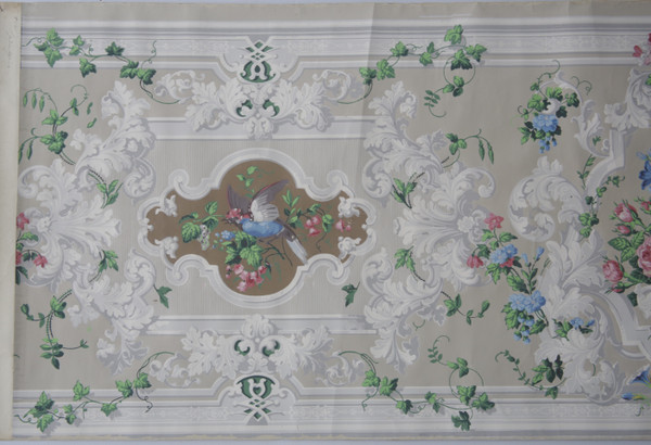 Lé de papier peint oiseaux et fleurs XIXe - « Pierre de gris » 
