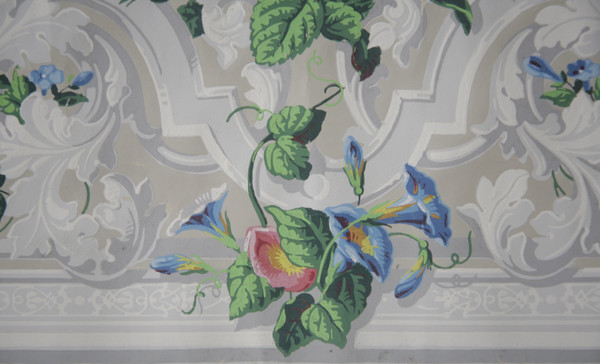 Lé de papier peint oiseaux et fleurs XIXe - « Pierre de gris » 