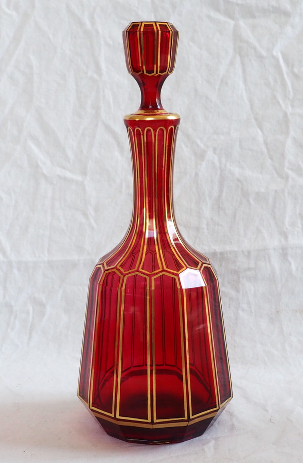 Baccarat: ruby red and gilded crystal liqueur service, Cannelures model - paper label