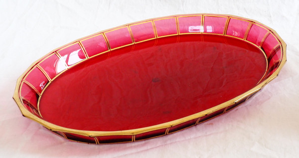 Baccarat: ruby red and gilded crystal liqueur service, Cannelures model - paper label