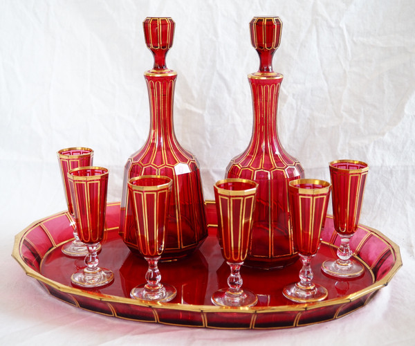 Baccarat: ruby red and gilded crystal liqueur service, Cannelures model - paper label