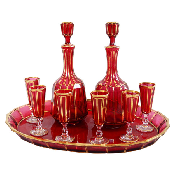 Baccarat: ruby red and gilded crystal liqueur service, Cannelures model - paper label