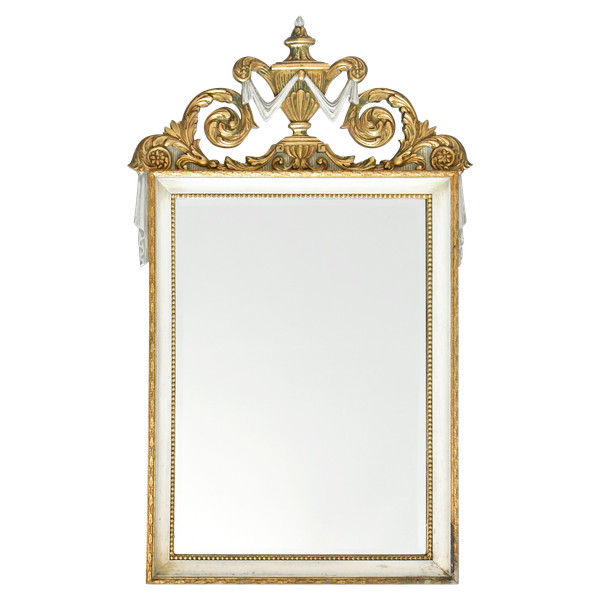 White and gold lacquered wood mirror with carved wooden pediment decorated with a basin