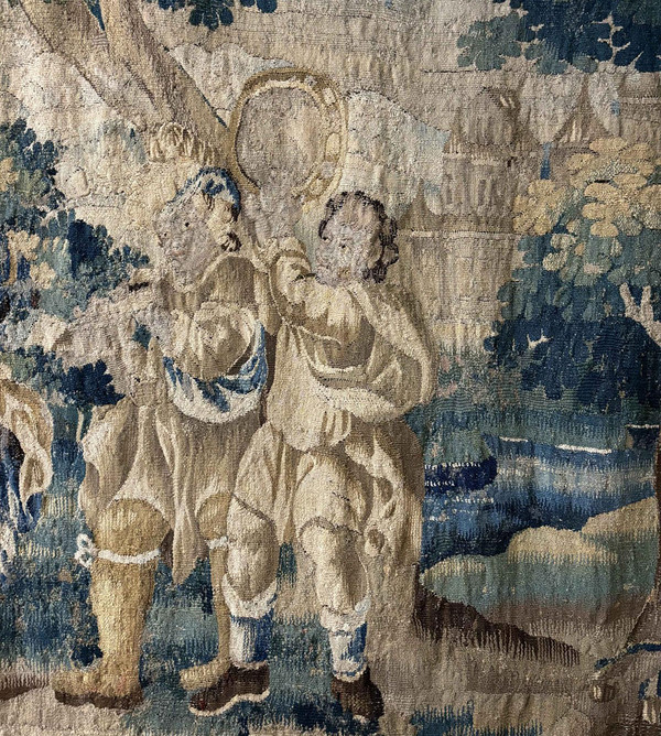 Large Aubusson tapestry characters Dance landscape castle coat of arms 17th century
