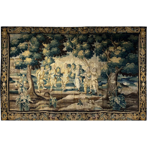 Large Aubusson tapestry characters Dance landscape castle coat of arms 17th century