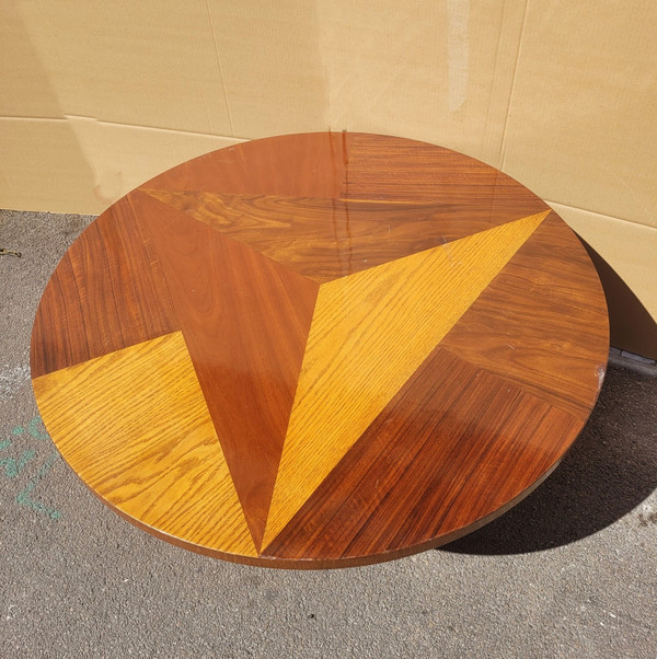 Großer runder Couchtisch aus Holzintarsien