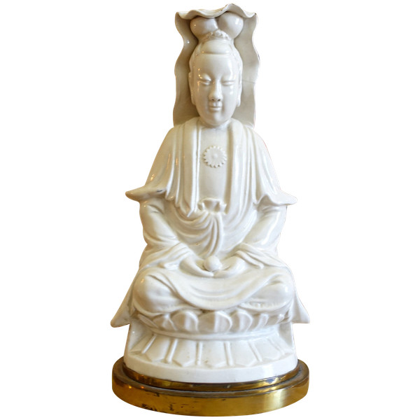 Statua Guanyin in porcellana cinese, base in bronzo - decoro cineserie / mobile cinese