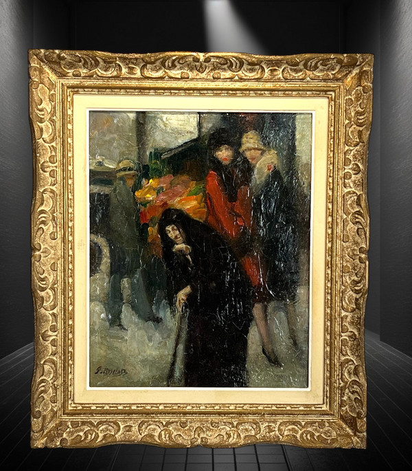 DIPINTO / OLIO SU TELA FIRMATO DA PIERRE DE.BELAIR " ELEGANTES AU MARCHÉ " (ELEGANTI AL MERCATO)