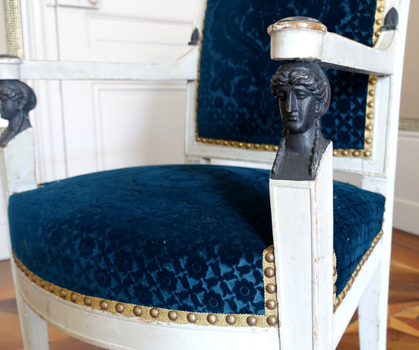 Paire de fauteuils d'époque Consulat en bois laqué, velours frappé Lelièvre-Bonvallet, vers 1800