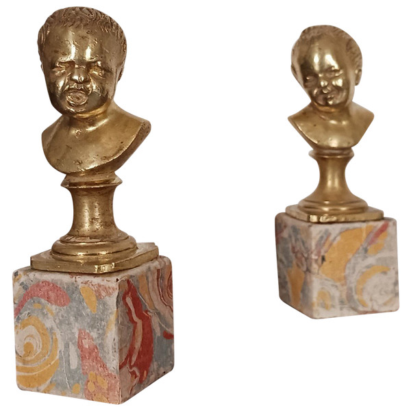 After Houdon - Jean qui rit et Jean qui pleure - pair of small bronze busts