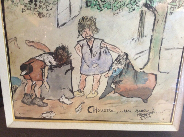 tableau avec aquarelle scene de rue avec enfants ​​​​​​​ vers année 50