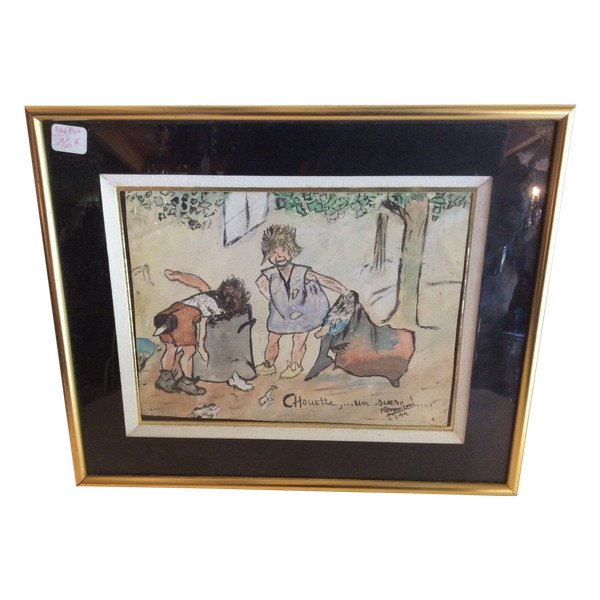 tableau avec aquarelle scene de rue avec enfants ​​​​​​​ vers année 50