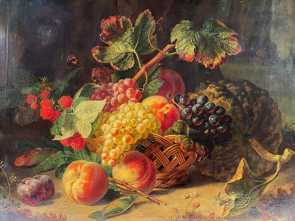 Holländische Schule 19. Jahrhundert, Öl auf Leinwand "Stillleben mit Obstkorb".