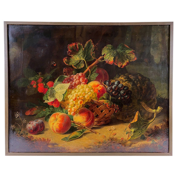 Holländische Schule 19. Jahrhundert, Öl auf Leinwand "Stillleben mit Obstkorb".