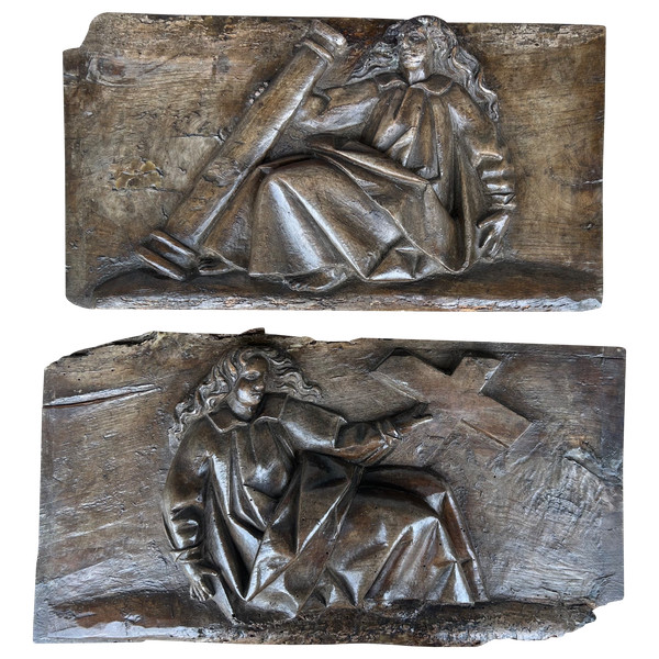 Paire De Panneaux En Bois Sculpté Religieux à Haut Relief époque XVIIème Siècle