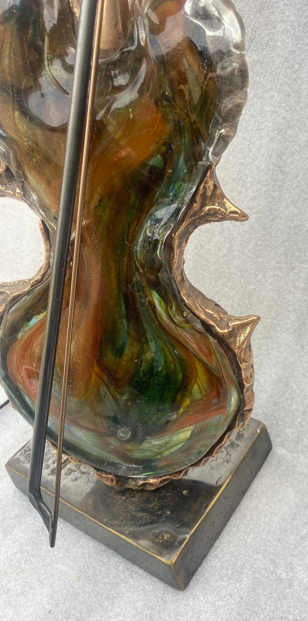1970/80 Lampada a violino in bronzo e paté de verre, scultura firmata LOHE