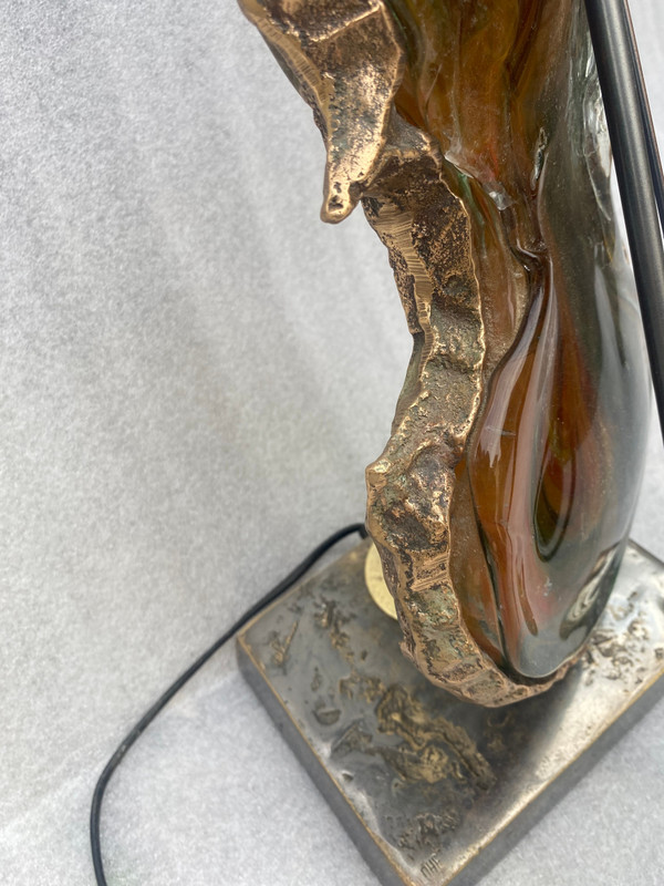 1970/80 Lampada a violino in bronzo e paté de verre, scultura firmata LOHE