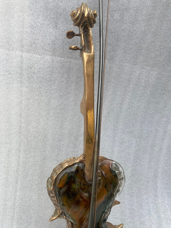 1970/80 Lampada a violino in bronzo e paté de verre, scultura firmata LOHE