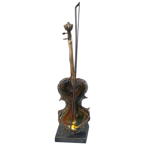 1970/80 Lampada a violino in bronzo e paté de verre, scultura firmata LOHE