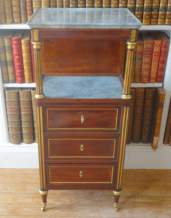 Barbière Toilettentisch aus der Zeit des Louis XVI Directoire aus Mahagoni und blauem Marmor Turquin