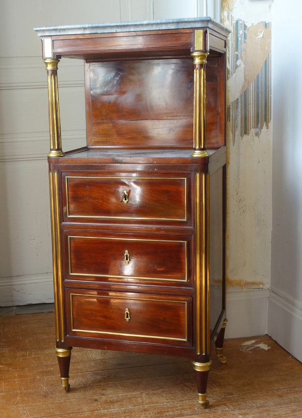 Barbière Toilettentisch aus der Zeit des Louis XVI Directoire aus Mahagoni und blauem Marmor Turquin