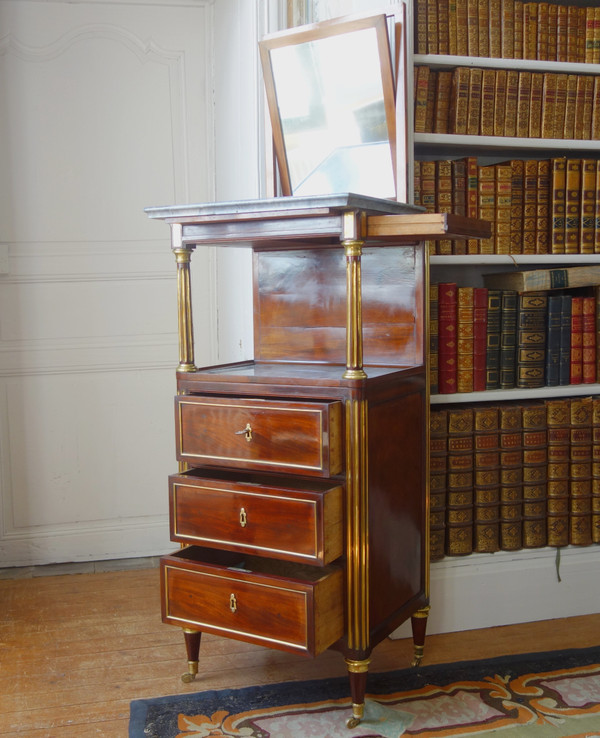 Barbière Toilettentisch aus der Zeit des Louis XVI Directoire aus Mahagoni und blauem Marmor Turquin
