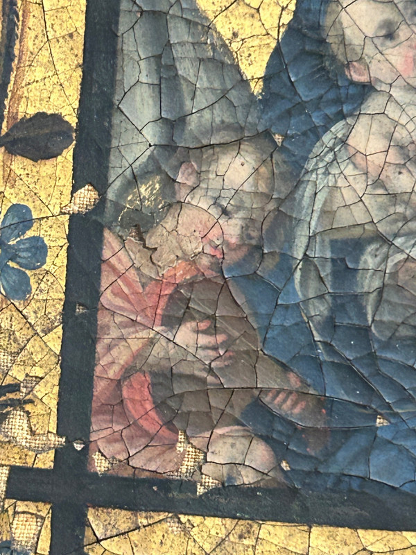 Olio su tela Vergine con Bambino tra due angeli musicanti - Fondo oro - XVIII secolo