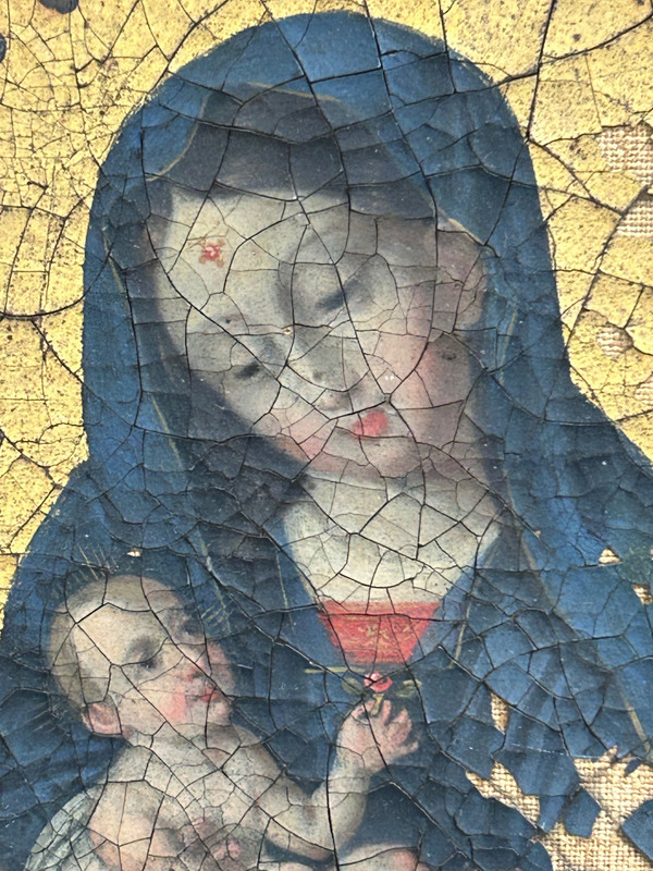 Olio su tela Vergine con Bambino tra due angeli musicanti - Fondo oro - XVIII secolo