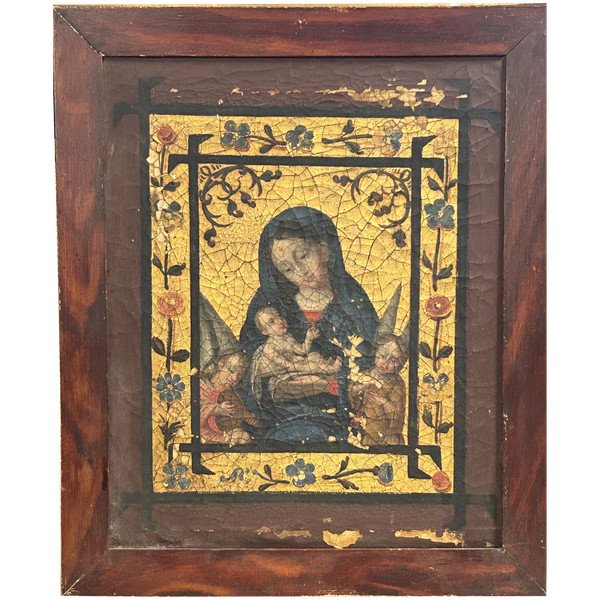 Olio su tela Vergine con Bambino tra due angeli musicanti - Fondo oro - XVIII secolo